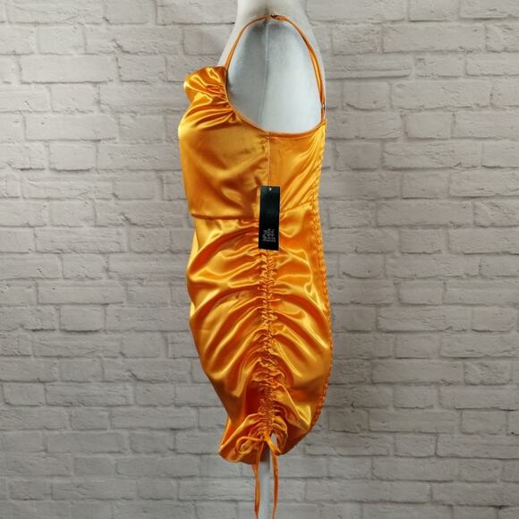 Y Wild Fable Women's Orange Satin Side Ruched Smocked Bodycon Mini Dress NWT S - Picture 2 of 14